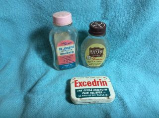 3 Vintage Bottles & Tin.  St Joseph,  Bayer,  Excedrin.  Aspirin Medicine