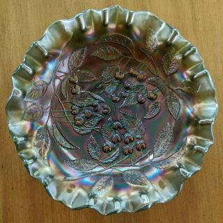 Millersburg Cherry Antique Carnival Glass Lrg Master 3n1 Ruffle Edge Bowl Green
