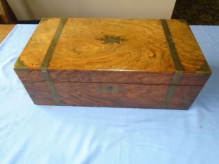 Large Vintage Mahogany Wood Writing Slope Stationery Box With Brass Inlay