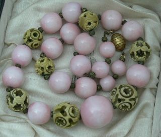 Antique Art Deco French Rousselet Pink Faux Coral Glass & Galalith Bead Necklace