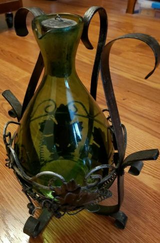 Vintage Decorative Metal Swivel Wine Holder With Green Glass Carafe Cork Top