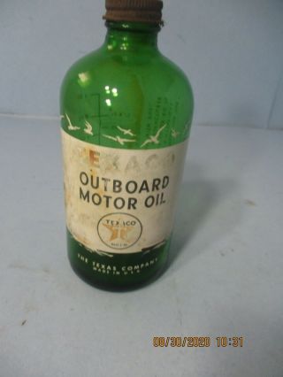 Old Vintage Texaco Outboard Motor Oil Sae 30 Green Bottle Estate Fresh
