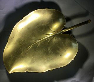 Vintage Brass Leaf Shaped Tray With Stem 10 " X 7” Bohemian Decor By Gatco