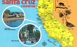Vintage Postcard - Santa Cruz,  Ca,  Includes Map,  2 Inserts Of Boardwalk & Mall