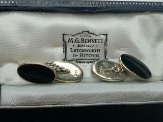 Antique Art Deco Sterling Silver Chain Black Onyx Cufflinks Boxed Circa 1930 