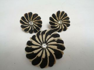 Vintage Black & Off White Cloth & Rhinestone Beaded Flower Pin & Earrings Set