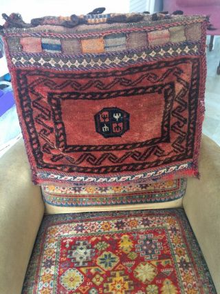 Antique Afghan Kilim Saddle Bag/throw - Burgundy,  Orange,  Brown - 40in X 20in