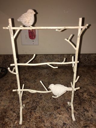 Vintage Style Cast Iron White Birds On Branches Jewelry Stand Rack Organizer