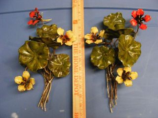 2 X Vtg Italian Metal Tole Flower Bouquet Wall Sconce Candle Holder Gc
