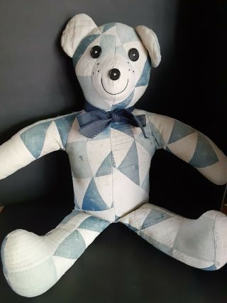 Vintage Blue And White Quilt Patchwork 20 " Bear,  Hand - Quilted From Beloved Quilt