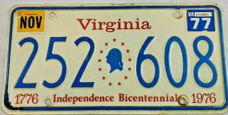 License Plate 1976,  Virginia 1776 - 1976 Bicentennial Bust Of George Washington