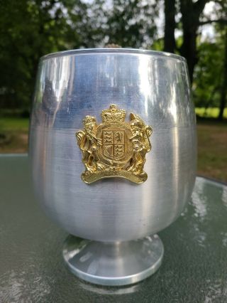 Vintage Italian Mid Century Ice Bucket Polished Aluminum With Gold Crest 9 " Tall
