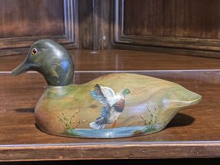 Vintage Hand Painted Wooden Duck With Designs.  Signed By Artist.