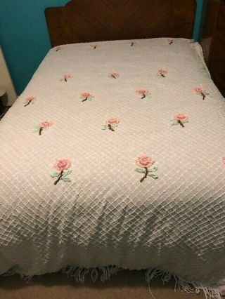 Vtg Full Size Chenille Bedspread White With Pink Flowers 92” X 96 "