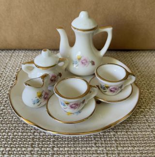 Vintage 1970s Miniature 4” Tea Set - 10 Piece Porcelain Floral Gold Trim W/tray