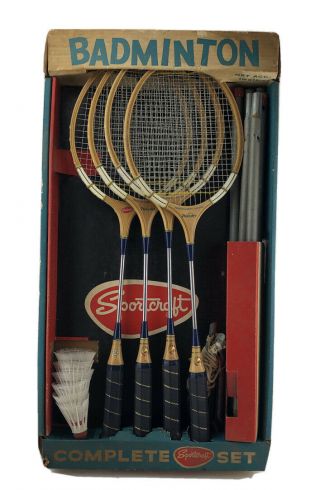 Vintage 1950s Sportcraft Badminton Set Box (4 Wooden Racquets) Antique W/box