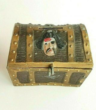 Vtg Metal E.  J.  Kahn Co.  Pirate Skull Treasure Chest Coin Bank W Orginal Box Key
