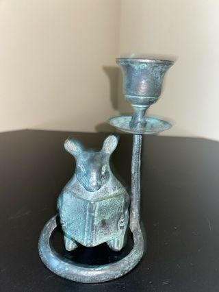Vintage Cast Iron Mouse Reading Book Candle Holder Green Finished Metal