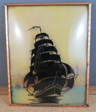 Vintage Clipper Ship Boat Convex Glass Silhouette Frame Art Picture 5x4 12