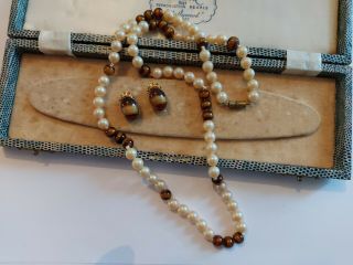 Vintage Art Deco Tigers Eye And Pearl Necklace And Earrings
