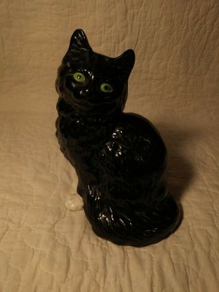 Vintage Old Ceramic Black Cat Kitten With White Paws,  Green Eyes,  8 "