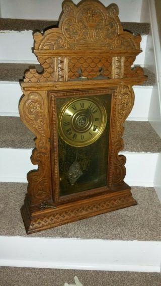 Antique En Welch Oak 8 Day Gingerbread Victorian Shelf Clock W/alarm & Key C1885