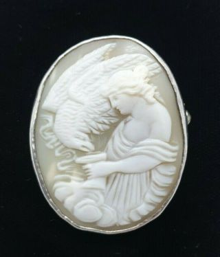 Antique Victorian Silver Cameo Shell The Goddess Hebe Feading The Eagle Brooch