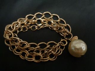 Vintage Signed Park Lane Multi Strand Gold Tone Chain Faux Pearl Charm Bracelet