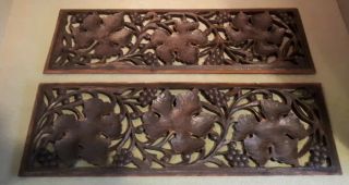 Pair Antique Hand Carved Hardwood Wooden Panels Leaves & Berries 42 X 13.  5 Cms