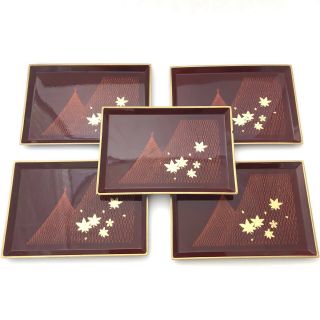 Vintage Otagiri Japan Lacquerware Tray Set Of 5 Dark Red Geometric Gold Leaves