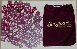 Complete Set 100 Vtg Red / Maroon Scrabble Letter Tiles / Gold Letters & Bag