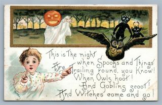 Halloween 1910 Antique Embossed Postcard Goblins Owl By Leubrie & Elkus