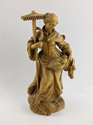 Antique German Carved Wood Figure Of A Harvest Woman - Black Forest Orig Label