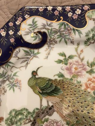 Vintage Peacock Octagon china plate,  cobalt blue and gold accents,  10.  5 