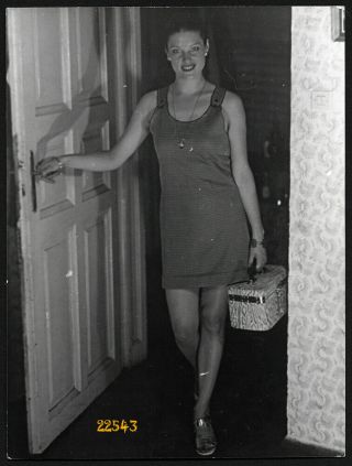 Sexy Girl Smiling In Mini Clothes,  Strange Reticule,  Vintage Photograph,  1970 