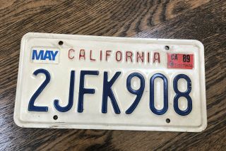 Real California State License Plate 2jfk908 Auto Car Tag Vanity Year 1989