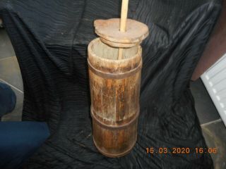 Antique Wooden Butter Churn With Lid And Dasher,  Hand Forged Bands,  Look
