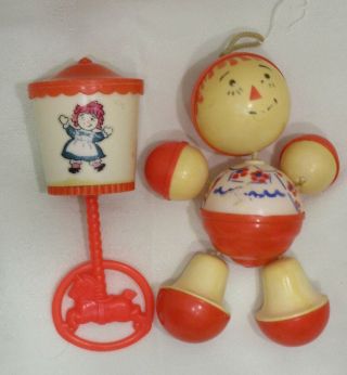 Vintage Raggedy Ann Toy Baby Rattle 1974 Bobbs Merrill Doll Ball Body Rattle