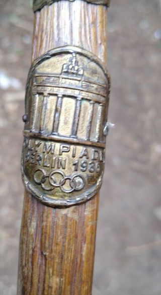 Antique Vintage Wooden Walking Stick Cane With Badges Inc German 1936 Olympics