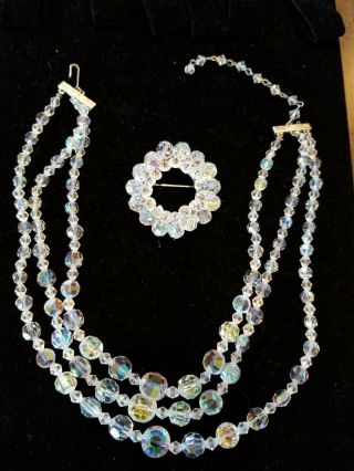 Vintage Clear Crystal Glass Beaded Necklace And Brooch Costume Jewelry