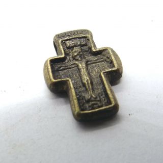 Old Russian Ancient Artifact Bronze Small Cross With Archangel Michael