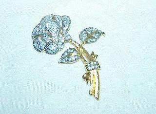 Fabulous Vintage Signed Nolan Miller Clear Crystal Rose Pin Gold Plated Stem