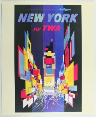 Times Square York Fly Twa Airplane Vintage Calendar Art Travel Poster