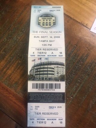York Yankees 2008 The Final Season Yankee Stadium Ticket Stub 9/14/08
