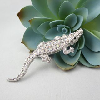 Vintage Pave Clear Ab Rhinestone High Relief Alligator Silver Tone Pin Brooch