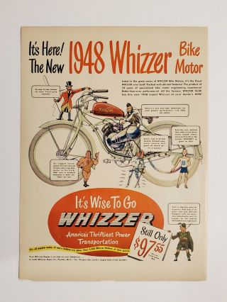 Vintage 1948 Whizzer Motor Bike Color Ad Large 11x14