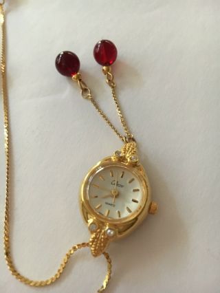Vintage Collezio Pendant Watch Goldtone Garnet Colored Beads Watch Necklace