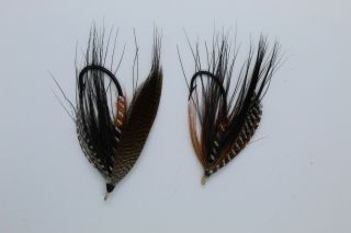 2 X Black Heron Size 1/0 & 1 Vintage Gut Eye Salmon Flies Date About 1900 - 15