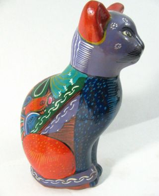 Vintage Talavera Terra Cotta Cat Figurine Hand Painted Floral Folk Art Mexico 8 "