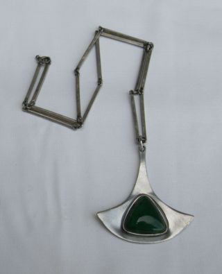 Vintage Coro Craft Danish Modern Style Green Stone Pendant / Necklace - Pewter